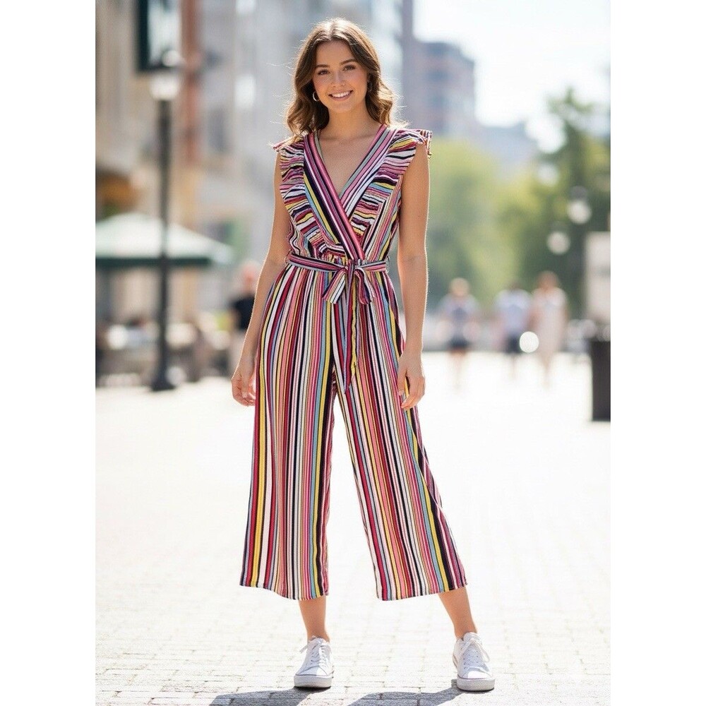Vintage Havana Striped Wide Leg Jumpsuit Women’s Small Tie Waist Rayon